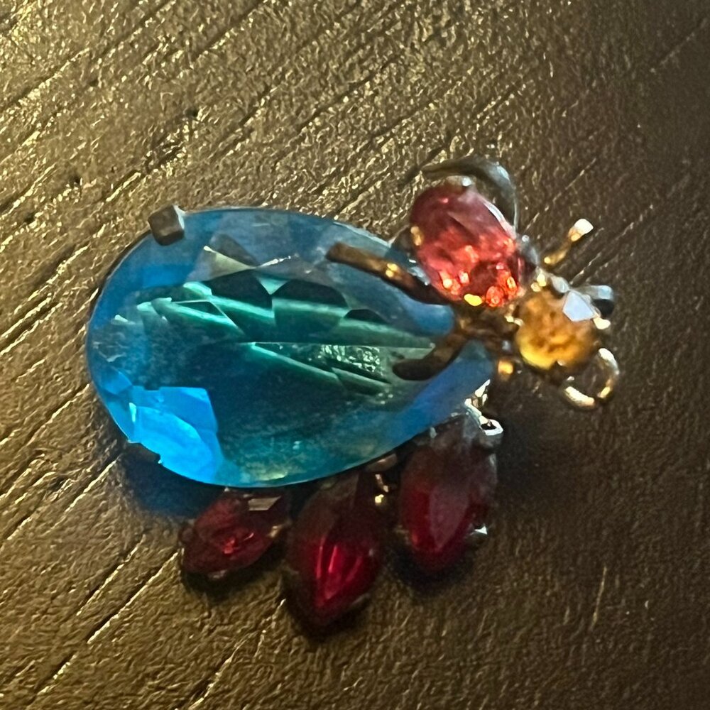 VTG Tiny Bug Brooch Pin with Blue Stone and Small Bug Rhinestones Czechoslovakia